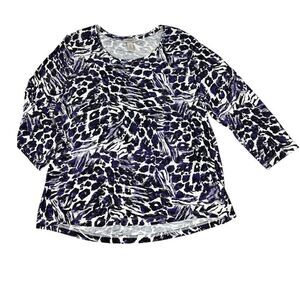 Easywear By Chicos Womens Top Size Large Purple White Abstract Jersey 3/4 Sleeve